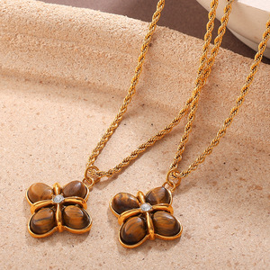 Collar de Trébol de Cuatro Hojas con Piedra Ojo de Tigre, Cadena Chapada en Oro, Colgante de Clavícula, Regalo para Mujer, Joyería de Moda - Product Image 3