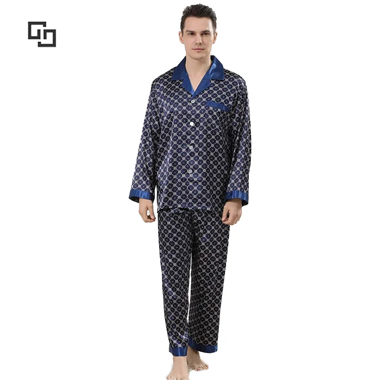 Herren Satin PJs Damast Print Pyjamas Hosen Seide Pyjamas Set