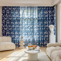 Tela de Cortina Estampada 100% Poliéster, Estilo Americano, Diseño Floral Grande, Color Azul Marino, Venta al Por Mayor
