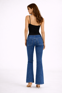 Jean évasé en denim personnalisé pour femme SHENGFU, taille haute, coupe ajustée, en coton extensible, style vintage, élégant et décontracté, OEM - Product Image 2