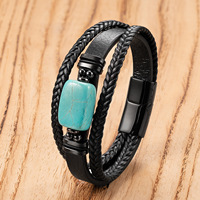 Bracelet artisanal pour homme en cuir et pierres naturelles irrégulières, cordon tressé fait main, fermoir en acier inoxydable, bracelet asymétrique