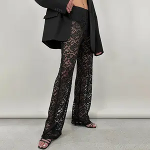 Sıcak satış yeni ürün seksi ve çok yönlü dantel yüksek belli patchwork uzun düz bacak pantolon