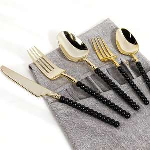 Set di <span class=keywords><strong>Posate</strong></span> Monouso da Campeggio con Manico Nero, Coltello Forchetta Cucchiaio in Plastica con Punta Dorata, <span class=keywords><strong>Servizio</strong></span> Logo ODM Disponibile - Product Image 5