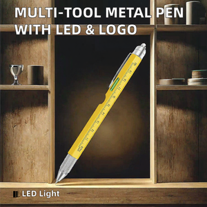 Yellow <b>Metal</b> Multi Function Pen with Level <b>Ruler</b> Scale LED Light Custom Logo Promotional Ballpoint OEM Brand Custom Packaging - Product Image 2