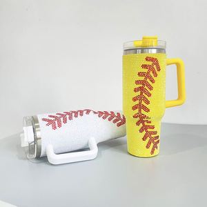 Taza de café de viaje de acero inoxidable con aislamiento al vacío de 40 oz, con asa y pajita, con estampado integral de béisbol y adornos de diamantes de imitación - Product Image 2