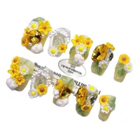 Faux ongles à presser en gros, faits à la main, jaunes, motif dessin animé, forme courte, en acrylique, avec accents lapin