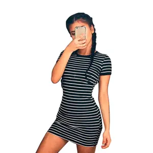 Summer Round Neck Short-sleeved Dress Black And White Striped Dresses Casual Elegant Sheath Slim Casual Dress