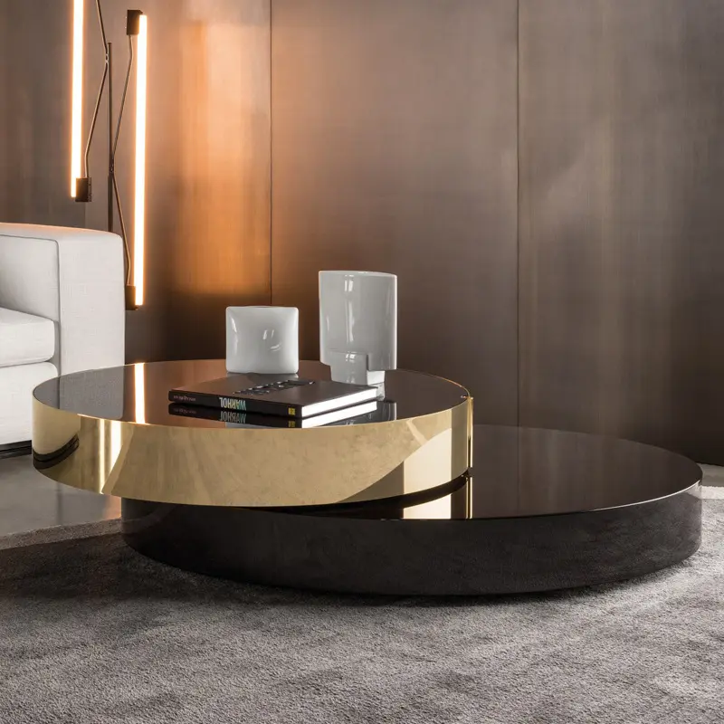 Mesa de lujo moderna de acero inoxidable, mesa de centro para sala de estar de hotel, de cristal endurecido dorado, negro