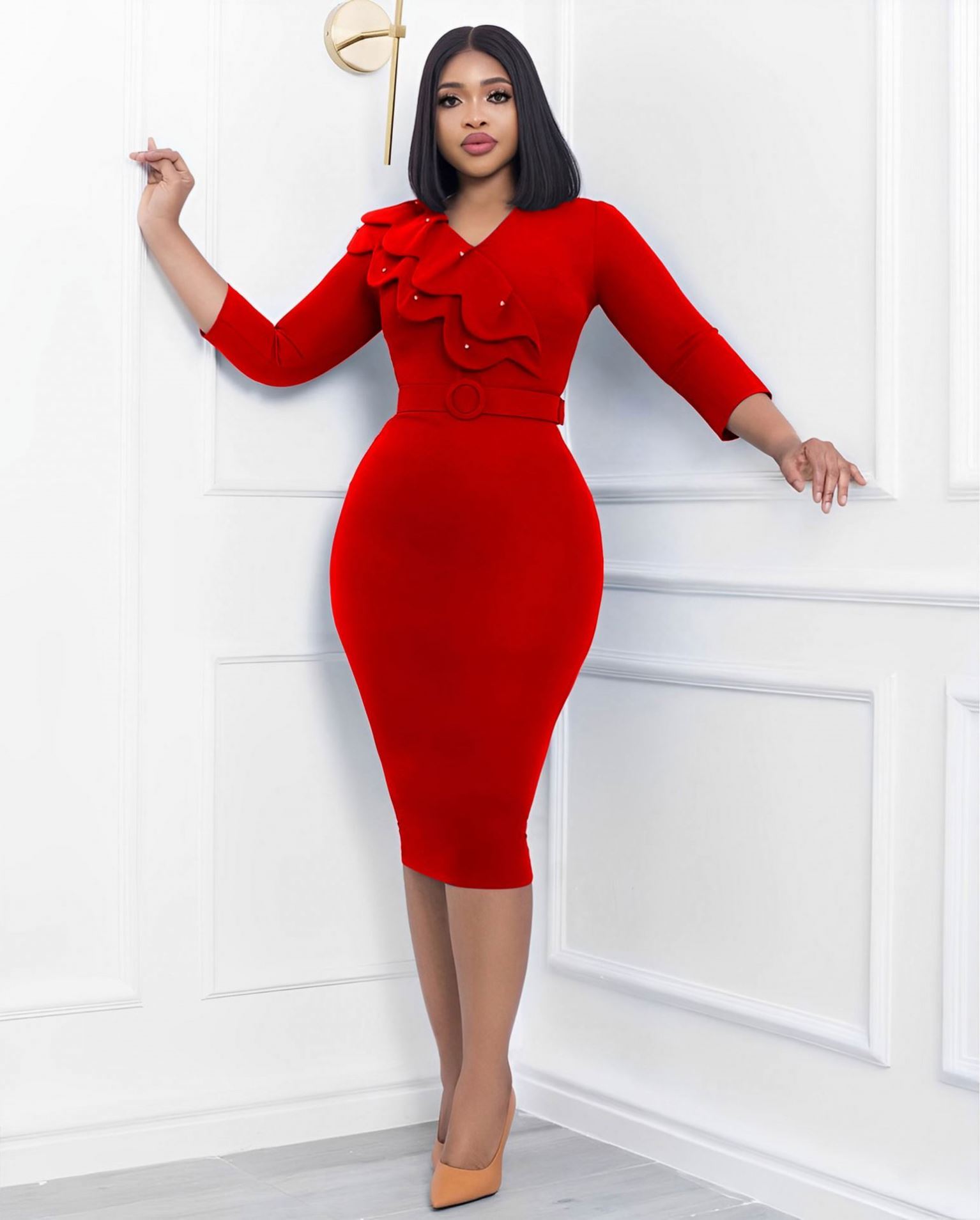 Big collar A-line dress 【et.UNiVER】 Women Summer Double Collar V-neck Beads Africa Dresses Office Lady