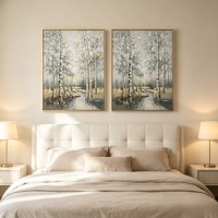Peinture à l'huile sur toile représentant un paysage de forêt de bouleaux texturés, avec feuille d'or et d'argent, pour la décoration de la maison et des hôtels