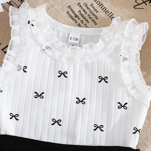 ชุดเซ็ตสองชิ้นผ้าแคนวาสระบายอากาศสำหรับเด็กผู้หญิงช่วงฤดูใบไม้ร่วง พร้อมเสื้อแขนกุดประดับโบว์ลูกไม้และกระโปรงทรงสวยสง่า - ชุดแฟชั่นสำหรับใส่ในชีวิตประจำวัน - Product Image 3