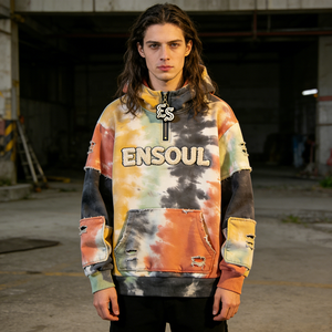 Sudadera con capucha para hombre con cremallera de cuarto, estilo streetwear desgastado, teñido anudado colorido, bordado de chenilla, fabricante BSCI AZO, OEM - Product Image 3