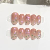 Faux Ongles Courts Ovales à Coller, Rose Fleur de Cerisier, Strass, Feuille Verte, Printemps 2026, Faits Main, 10 Pièces Ovales