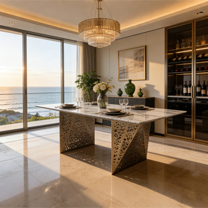 Muebles de Comedor, Juego de <span class=keywords><strong>Mesa</strong></span> de Comedor de Lujo Estilo Italiano con Cubierta de Mármol Natural <span class=keywords><strong>y</strong></span> 8 <span class=keywords><strong>Sillas</strong></span> para Restaurante - Product Image 3