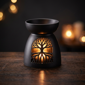 <b>Ceramic</b> Essential Oil <b>Diffuser</b> Round Tree Design Engraved Long Lasting Aroma Black - Product Image 1