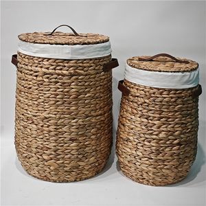 JY 2 Ensembles de Grands Paniers Ronds en Osier pour le Rangement des Vêtements, Panier à Linge en Jacinthe d'Eau et Rotin Tressé avec Couvercle - Product Image 3