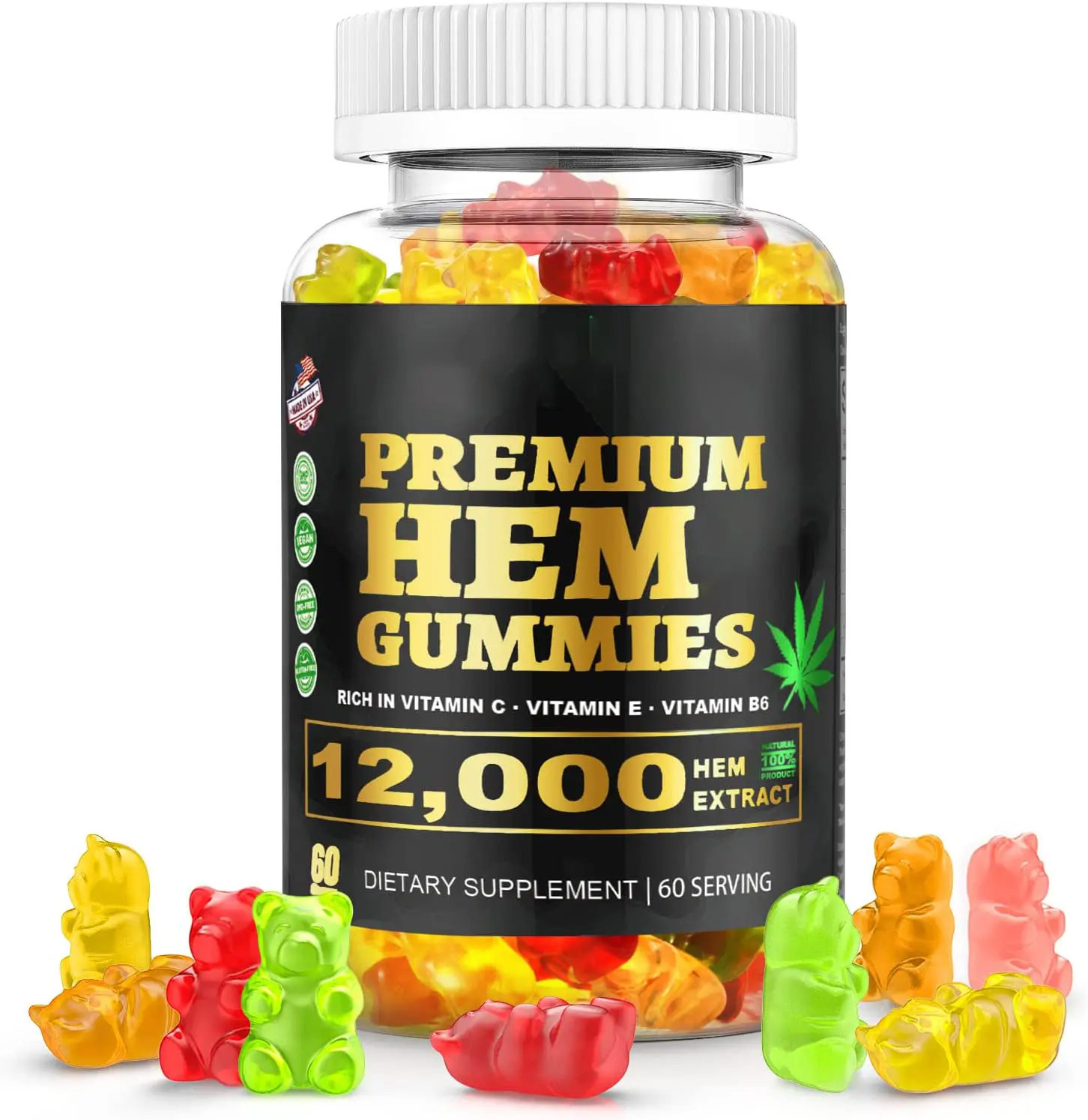 Premium Hem Gummies Pure Natural 12000 mg Rico en vitamina C, E y B6 Suplemento dietético para el cerebro Mejora la memoria y la atención