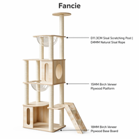 Arbre à chat moderne et écologique certifié FSC avec cabane transparente en acrylique, double logement, structure en bois de bouleau massif, niveaux multiples en sisal