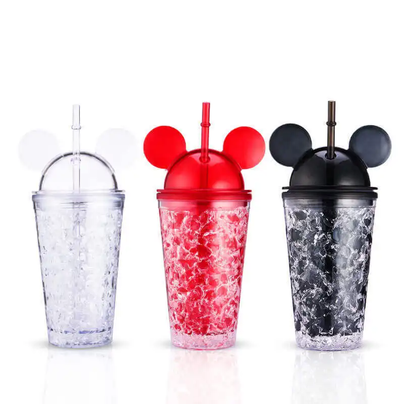 Doppelwand klares Eis 500 ml Maus-Ohr-Form Kunststoff-Wasserflasche Tierkopf Maus-Ohren-Becher mit Strohhalm und Deckel
