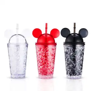 Double Wall Clear Ice 500ml Mouse Ear Shape Plastic Water Bottle Animal Head Mouse Ears Cup With Straw And Lid