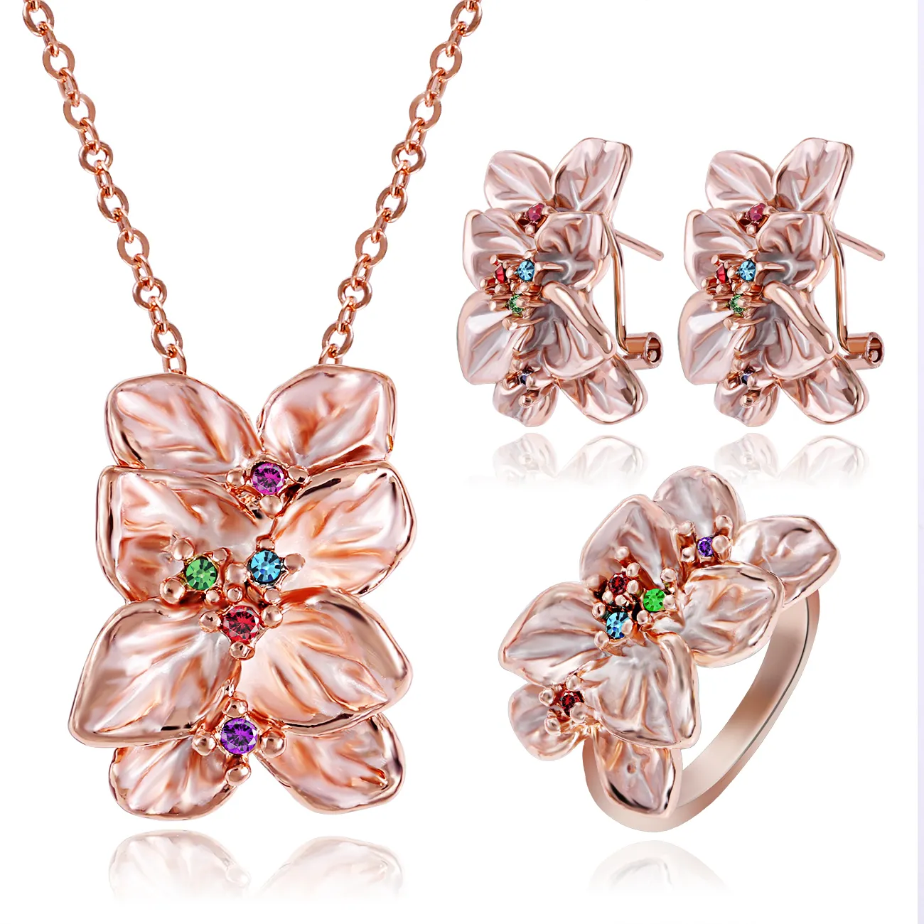 Christmas gift Rose Gold plated Gardenia flower Rhinestone Crystal Vintage bridal Jewelry Sets Fashion for women