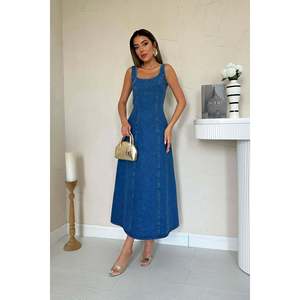 Robe fourreau en jean bleu col rond respirante pour femme, longueur midi - Product Image 4