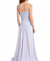Robe midi trapèze tendance pour femme, décontractée, bleu clair et blanc à carreaux, bretelles spaghetti tressées, buste smocké en dentelle, pour le quotidien