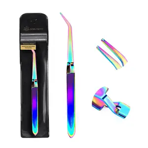 BORN PRETTY Rainbow Stainless Steel Curved Tweezers Cross Lock Reverse Tweezers for Acrylic Nails Create Perfect C-Curve