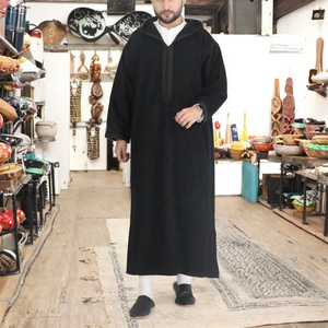 <span class=keywords><strong>Djellaba</strong></span> marocaine à capuche doublée polaire chaude pour <span class=keywords><strong>homme</strong></span>, couleur unie noire, manches longues, Thobe islamique, Kaftan de prière d'hiver - Product Image 3