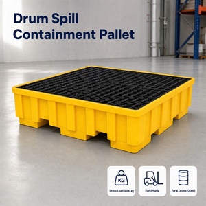Bac <span class=keywords><strong>de</strong></span> récupération des liquides jaune peu profond à grille carrée, parois côtelées, ouvertures frontales pour chariots élévateurs, pour la collecte des gouttes des fûts - Product Image 1