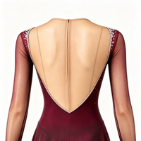 Robe de patinage artistique dégradé bordeaux, col en V, maille ornée de strass, manches longues, dos profondement ouvert, pour adultes et enfants