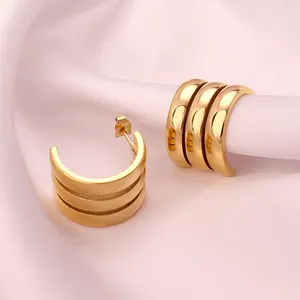 Trendy 18K Gold Plated Geometric C Shaped Earrings Stainless Steel Hypoallergenic Three Circle Layer Line Hoop Stud Earrings