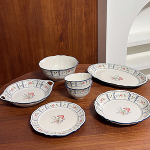 Service de vaisselle en céramique botanique vintage, compatible micro-ondes, style campagne française, assiettes en porcelaine verte à motifs floraux, assiettes à soupe et à poisson - Product Image 4
