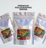 Sachets refermables holographiques arc-en-ciel avec fenêtre pour emballage alimentaire, cadeaux d'entreprise, bonbons, faveurs de fête et échantillons