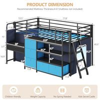 Lit mezzanine double XL pour tout-petits avec bureau, 6 tiroirs, lumières LED, barrière de sécurité, échelle inclinée, rideau de jeu, bleu + noir, structure métallique moderne