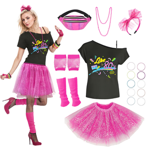 <strong>80s</strong> Women's Cosplay Costume Set with T-Shirt Print Leggings and <strong>Skirts</strong> Includes Accessories for Theme Party - Product Image 1