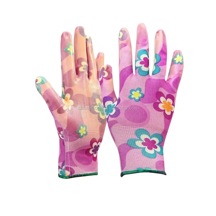 Sunnyhope murah pola berwarna lucu 13guage nitril dilapisi grosir sarung tangan kerja berkebun anak-anak