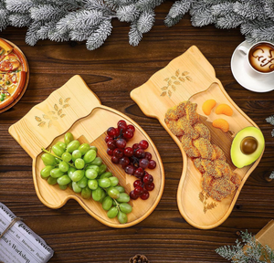 Factory Direct Custom Christmas Wood Serving Tray, <b>Engraved</b> Glove Stocking Shaped Platter, Bulk Wholesale for Holiday Party - Product Image 2