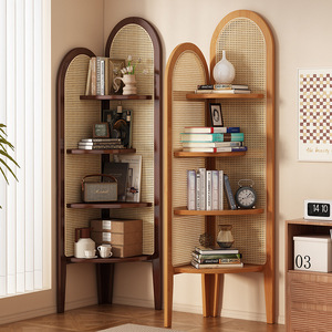 Hongxiang Retro Rattan Corner <b>Bookcase</b> With Back <b>Solid</b> <b>Wood</b> Three Tier Shelf Space Saving For Living Room Bedroom - Product Image 1