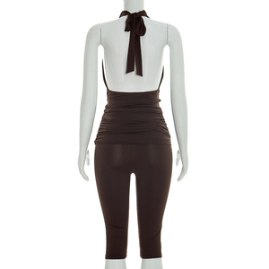 Viviblook J26ST090 Women Summer Suit Halter Backless <b>Metal</b> Splicing <b>Swing</b> Collar Tank Top Cropped Pants Two Pieces <b>Set</b> - Product Image 4