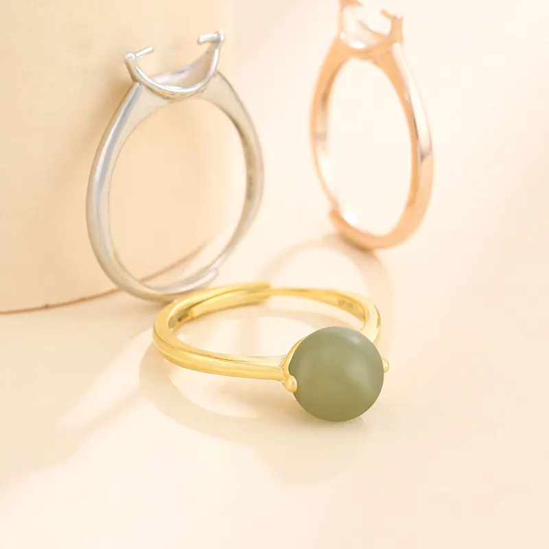 Semplice S925 anello in argento Sterling Base spazi vuoti gioielli fai da te anello giada ambra 7-8MM accessori perline rotonde gioielli