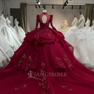 Vestido de Novia XS263 Glamuroso con Cuello Alto, Color Borgoña, con Flores 3D, Estilo Moderno, Largo, con Encaje y Cristales - Product Image 6