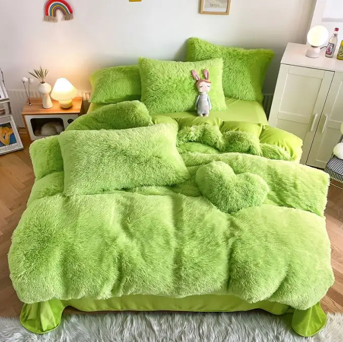 Green Fluffy Comforter Cover Bed Set Faux Fur Fuzzy Duvet Cover Set Luxury Ultra Soft Plush Shaggy Duvet Cover 3 Pieces