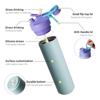 Bouteille d'eau à double paroi en acier inoxydable à double usage avec couvercle rabattable et paille, bouteille isotherme sous vide, sans BPA, sûre
