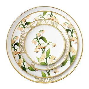 Spring Green Dinner Plate Gold Rim Dishes Bone China Dinnerware Set Wholesale