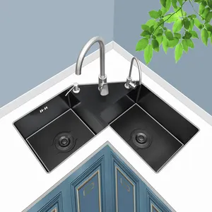 Customized Kitchen Sink Special-shaped Thickened Black Nano Stainless Steel Corner Sink Corner Double-groove Kitchen Corner