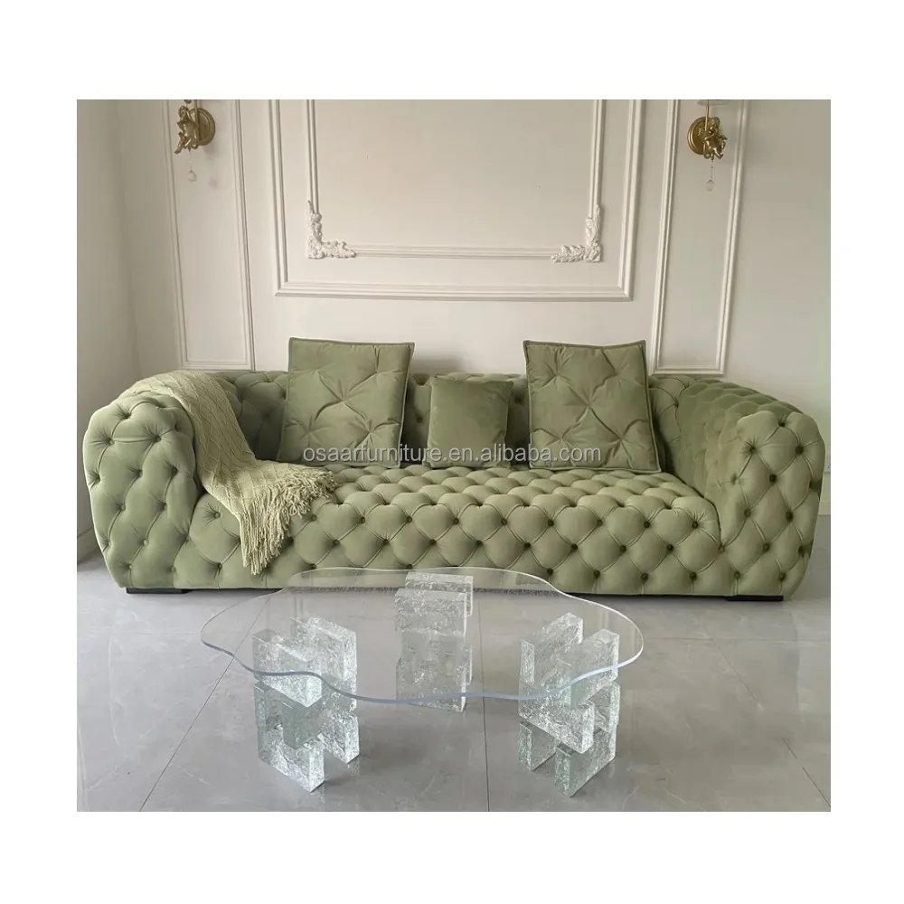 Luxury European Style Modern Upholstered Chesterfield Green Velvet Sofas Furniture For Living Room