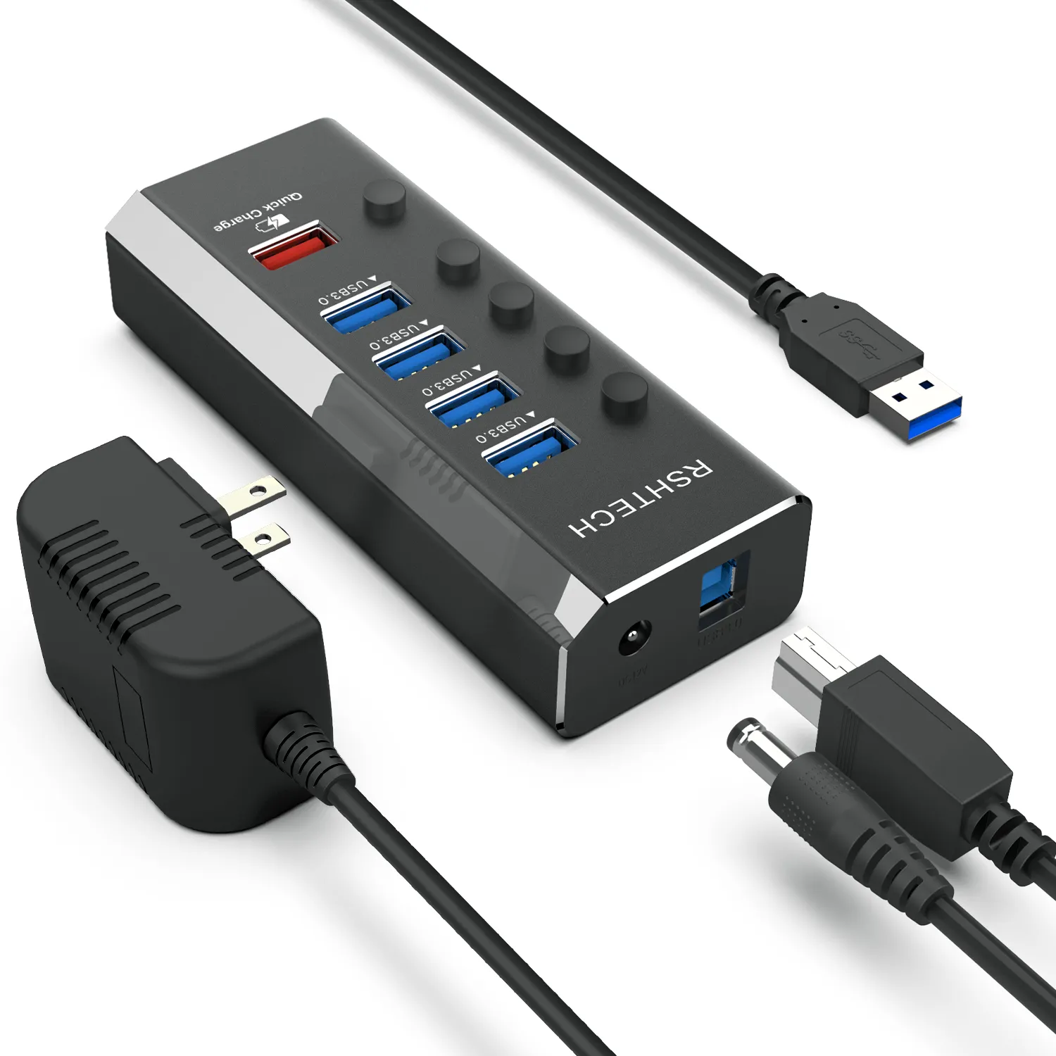 RSHTECH 5Gbps Hub USB With Fast Charging Port USB Hubs DC 12V/2A Power Adapter 5 Port USB 3.0 Hub For Laptop And PC