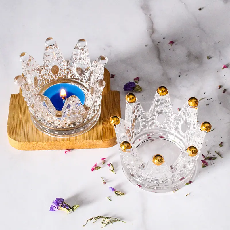 Portavelas de cristal transparente en forma de corona con cuentas doradas, venta al por mayor