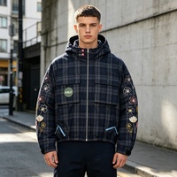 Vestes à carreaux brodées personnalisées en gros avec capuche, style streetwear décontracté, patchs brodés, vestes pour hommes avec doublure en maille